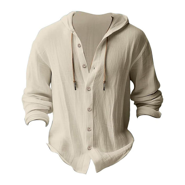 Chemise homme en lin à manches longues et capuche avec cordon de serrage et boutons, motif Buddha Stones, couleur unie - image 26
