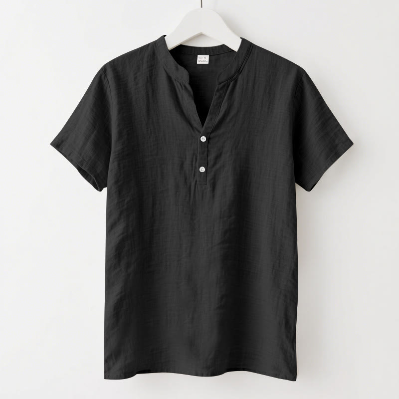 Chemise d'été en lin à manches courtes et demi-boutons pour homme Motif Buddha Stones - Noir - US/UK/AU46，EU56 (3XL) - image 0