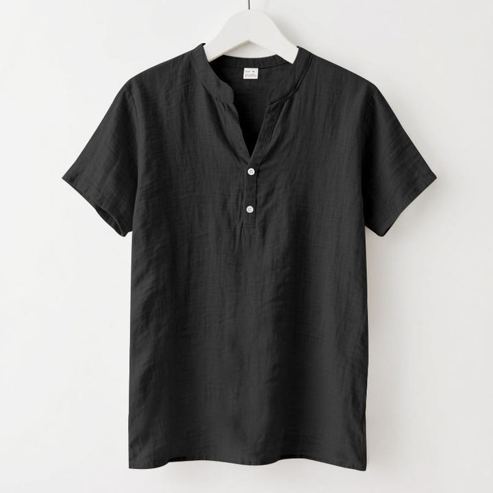 Chemise d'été en lin à manches courtes et demi-boutons pour homme Motif Buddha Stones - Noir - US/UK/AU46，EU56 (3XL) - image 0