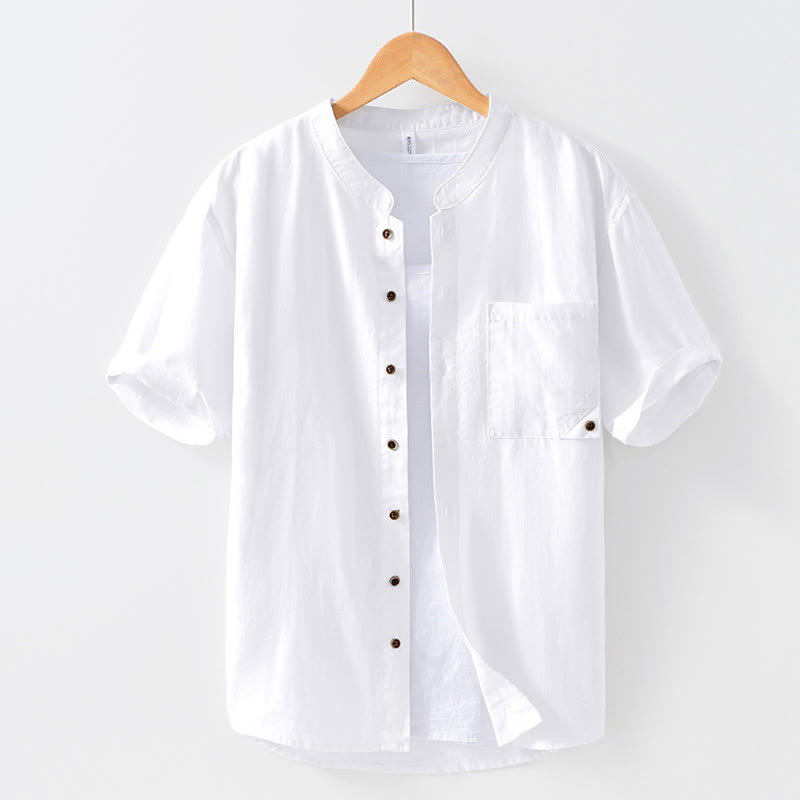 Chemise homme à manches courtes en lin et coton ramie avec boutons d'été Buddha Stones - Blanc - US/UK/AU42，EU52 (3XL) - image 8