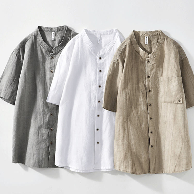 Chemise homme à manches courtes en lin et coton ramie avec boutons d'été Buddha Stones - image 2