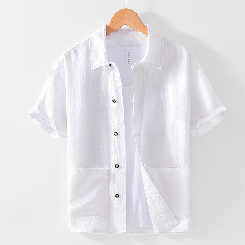 Chemise d'été en lin à manches courtes et boutons pour homme avec poches et motif Buddha Stones - Blanc - US/UK/AU42，EU52 (3XL) - image 9