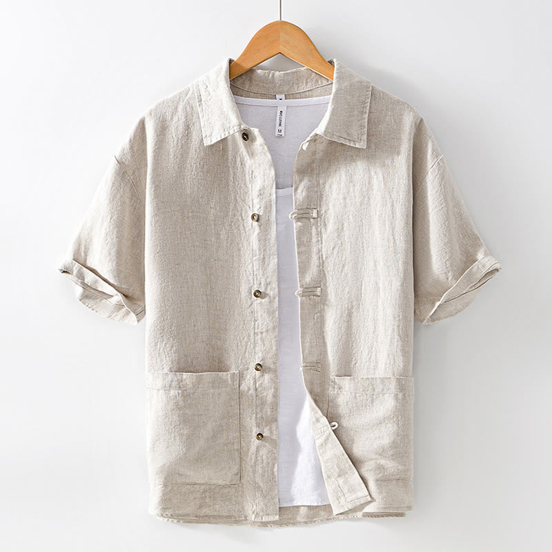 Chemise d'été en lin à manches courtes et boutons pour homme avec poches et motif Buddha Stones - Lin - US/UK/AU42，EU52 (3XL) - image 1