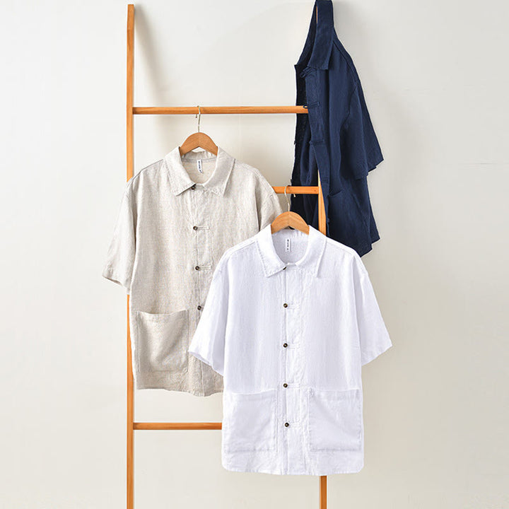 Chemise d'été en lin à manches courtes et boutons pour homme avec poches et motif Buddha Stones - image 9