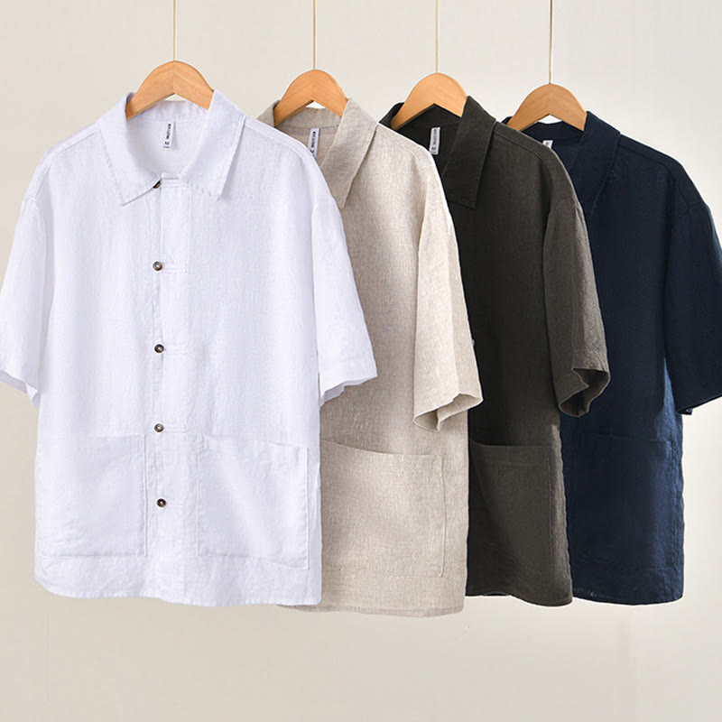 Chemise d'été en lin à manches courtes et boutons pour homme avec poches et motif Buddha Stones - image 1