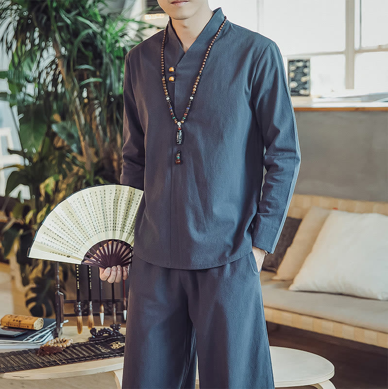 Ensemble de méditation pour homme Buddha Stones (2 pièces) : chemise en coton, pantalon longueur cheville avec poches. - image 41