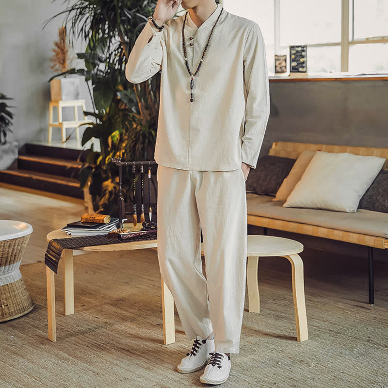 Ensemble de méditation pour homme Buddha Stones (2 pièces) : chemise en coton, pantalon longueur cheville avec poches. - image 1