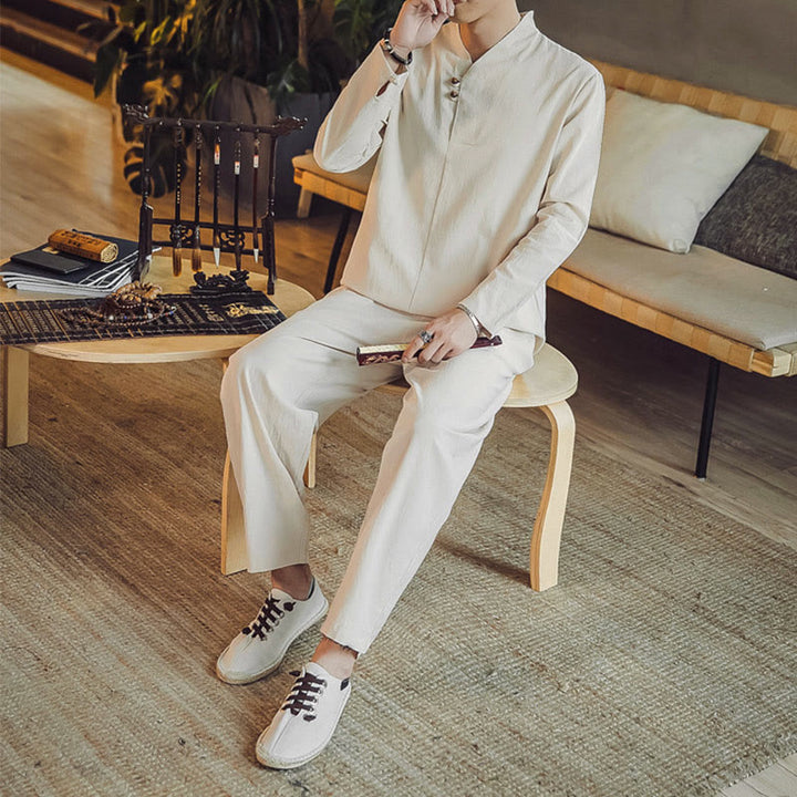 Ensemble de méditation pour homme Buddha Stones (2 pièces) : chemise en coton, pantalon longueur cheville avec poches. - image 3