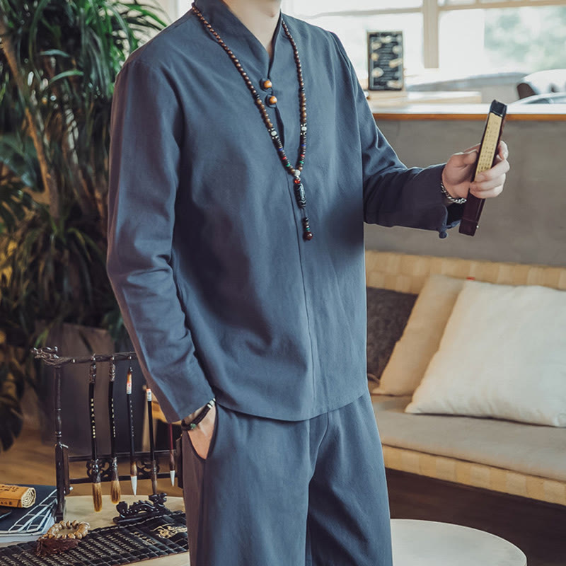 Ensemble de méditation pour homme Buddha Stones (2 pièces) : chemise en coton, pantalon longueur cheville avec poches. - image 40