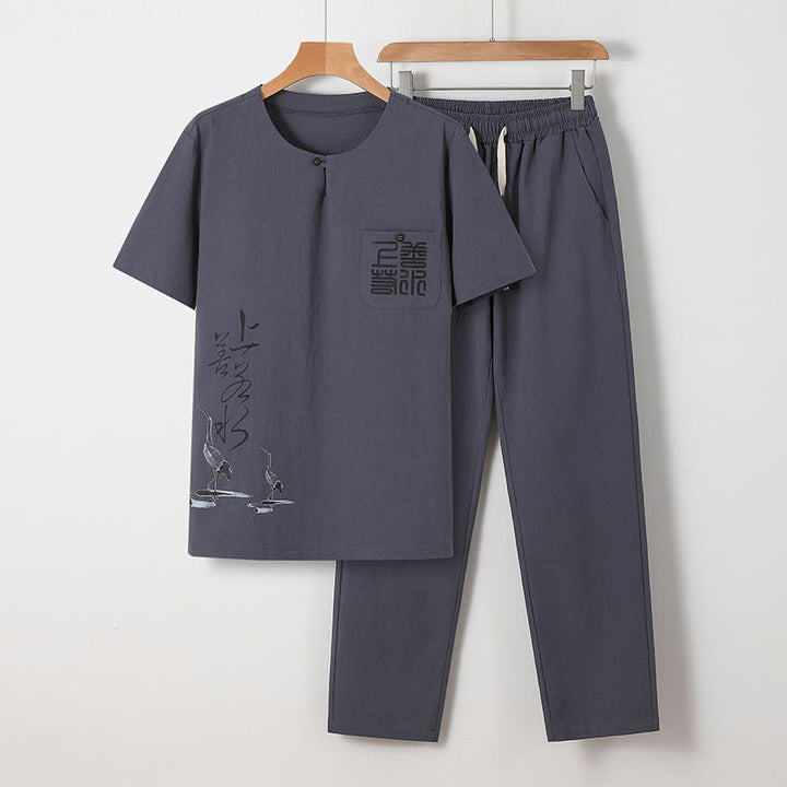 Ensemble chemise et pantalon en coton avec poches et motif grue, motif Buddha Stones, 2 pièces, pour homme - Gris - US/UK/AU46，EU56 (5XL) - image 18