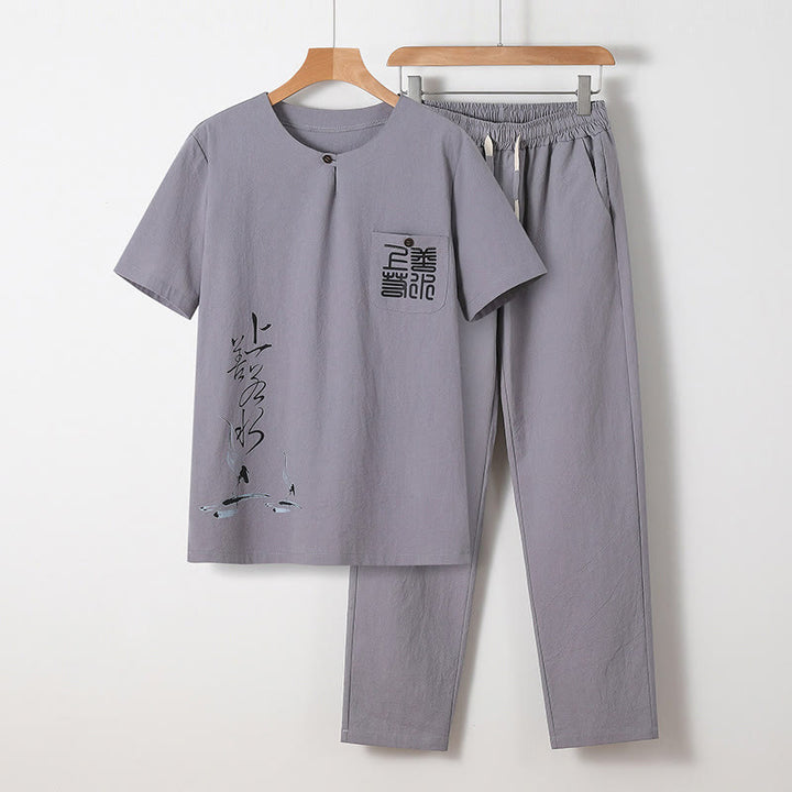 Ensemble chemise et pantalon en coton avec poches et motif grue, motif Buddha Stones, 2 pièces, pour homme - Gris clair - US/UK/AU46，EU56 (5XL) - image 0