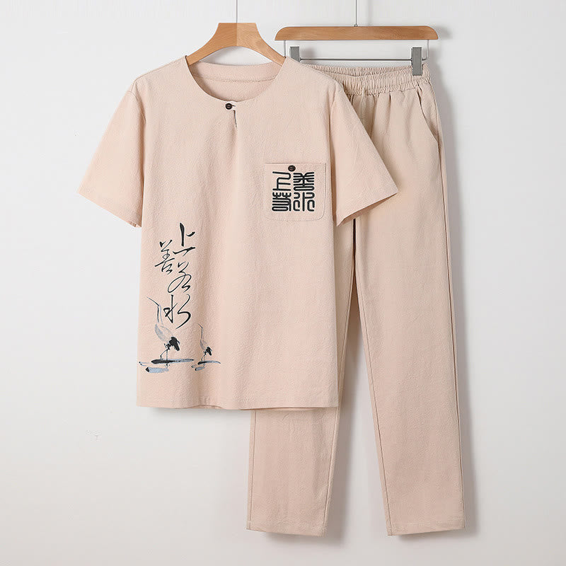 Ensemble chemise et pantalon en coton avec poches et motif grue, motif Buddha Stones, 2 pièces, pour homme - Bisque - US/UK/AU46，EU56 (5XL) - image 2