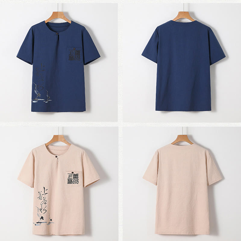 Ensemble chemise et pantalon en coton avec poches et motif grue, motif Buddha Stones, 2 pièces, pour homme - image 3