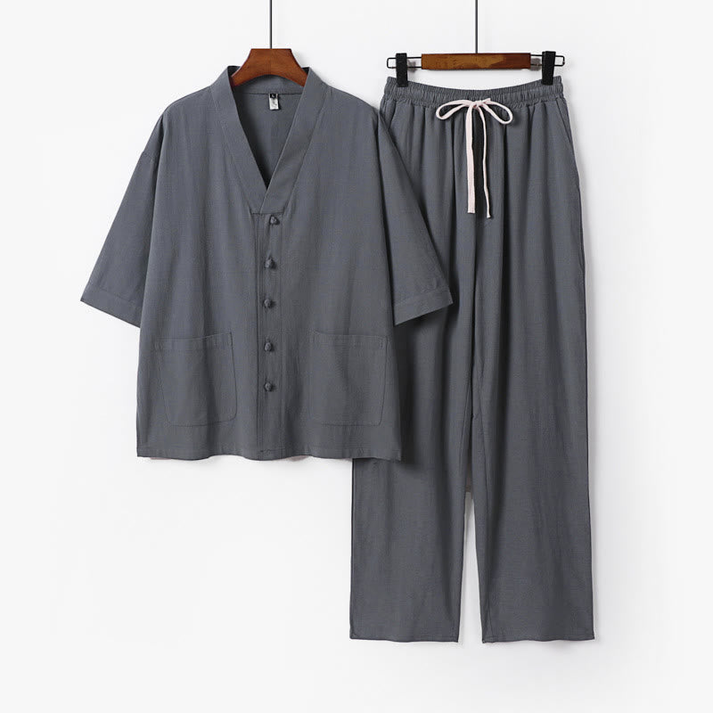 Ensemble 2 pièces chemise et pantalon d'été en coton à col en V et poches pour homme, motif Buddha Stones - Gris clair - États-Unis/Royaume-Uni/Australie 56, UE 66 (9XL) - image 1