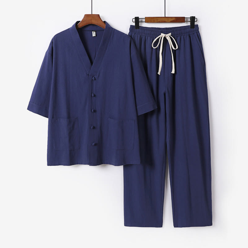 Ensemble 2 pièces chemise et pantalon d'été en coton à col en V et poches pour homme, motif Buddha Stones - Bleu acier - États-Unis/Royaume-Uni/Australie 56, UE 66 (9XL) - image 18