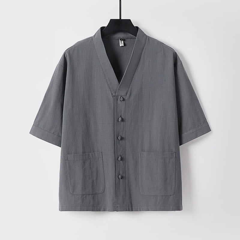Ensemble 2 pièces chemise et pantalon d'été en coton à col en V et poches pour homme, motif Buddha Stones - image 2