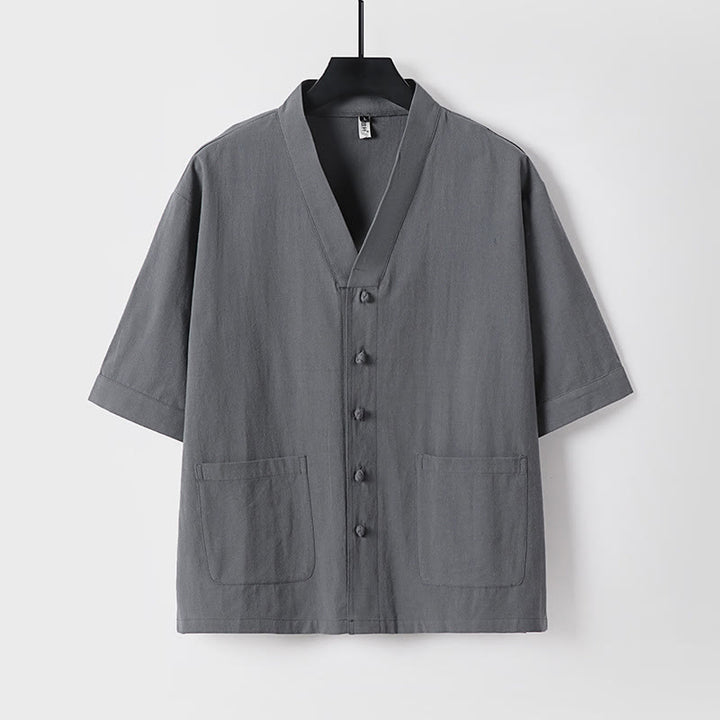 Ensemble 2 pièces chemise et pantalon d'été en coton à col en V et poches pour homme, motif Buddha Stones - image 2
