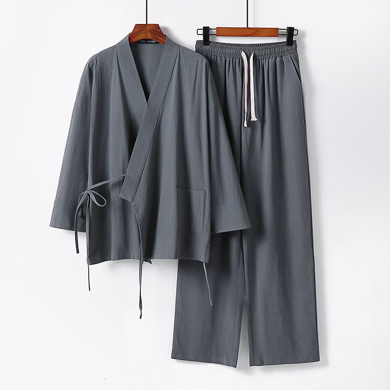 Ensemble de kimono 2 pièces en coton et lin avec lacets et poches, Buddha Stones, pour la méditation masculine. - Gris - US/UK/AU54，EU64 (9XL) - image 0