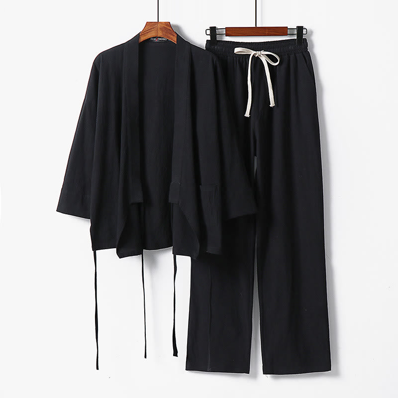 Ensemble kimono 2 pièces en coton à lacets et poches pour homme, motif Buddha Stones, tenue de méditation - Noir - US/UK/AU54，EU64 (9XL) - image 6