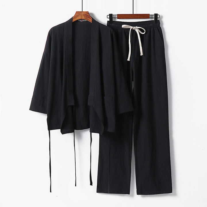 Ensemble kimono 2 pièces en coton à lacets et poches pour homme, motif Buddha Stones, tenue de méditation - Noir - US/UK/AU54，EU64 (9XL) - image 6