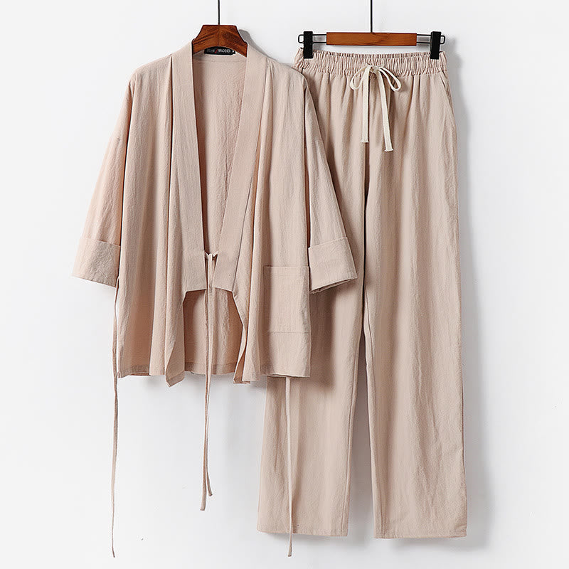 Ensemble de kimono 2 pièces en coton et lin avec lacets et poches, Buddha Stones, pour la méditation masculine. - Blé - US/UK/AU54，EU64 (9XL) - image 9