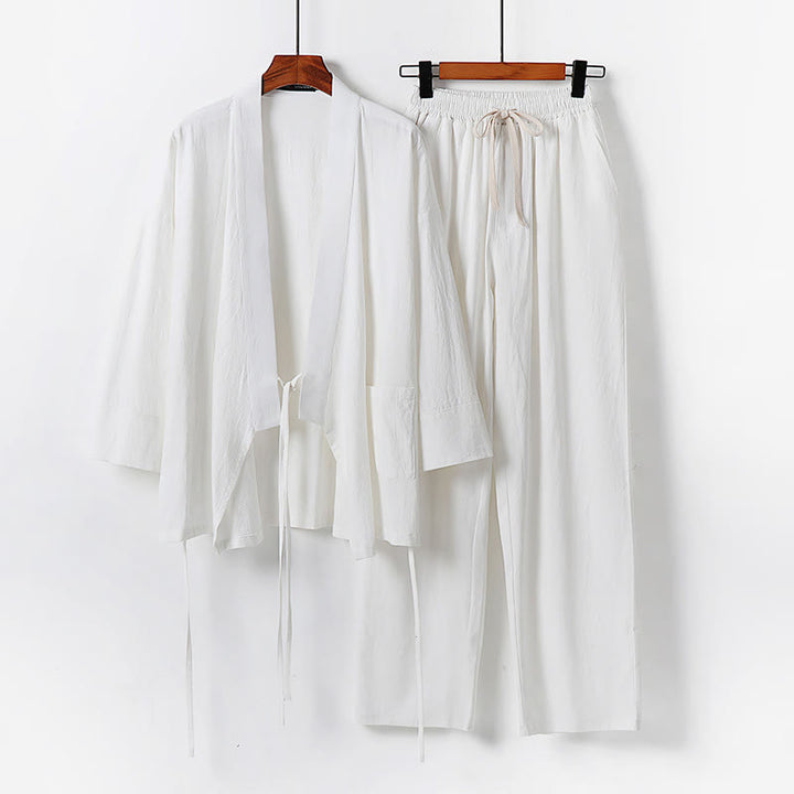 Ensemble de kimono 2 pièces en coton et lin avec lacets et poches, Buddha Stones, pour la méditation masculine. - Blanc - US/UK/AU54，EU64 (9XL) - image 1