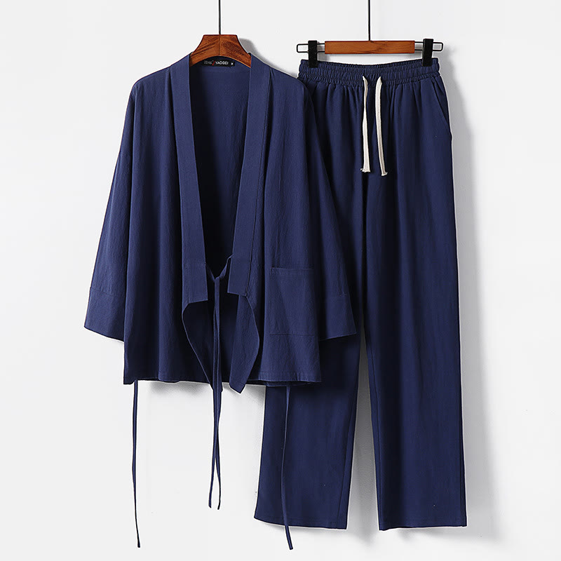 Ensemble kimono 2 pièces en coton à lacets et poches pour homme, motif Buddha Stones, tenue de méditation - Bleu acier - US/UK/AU54，EU64 (9XL) - image 12