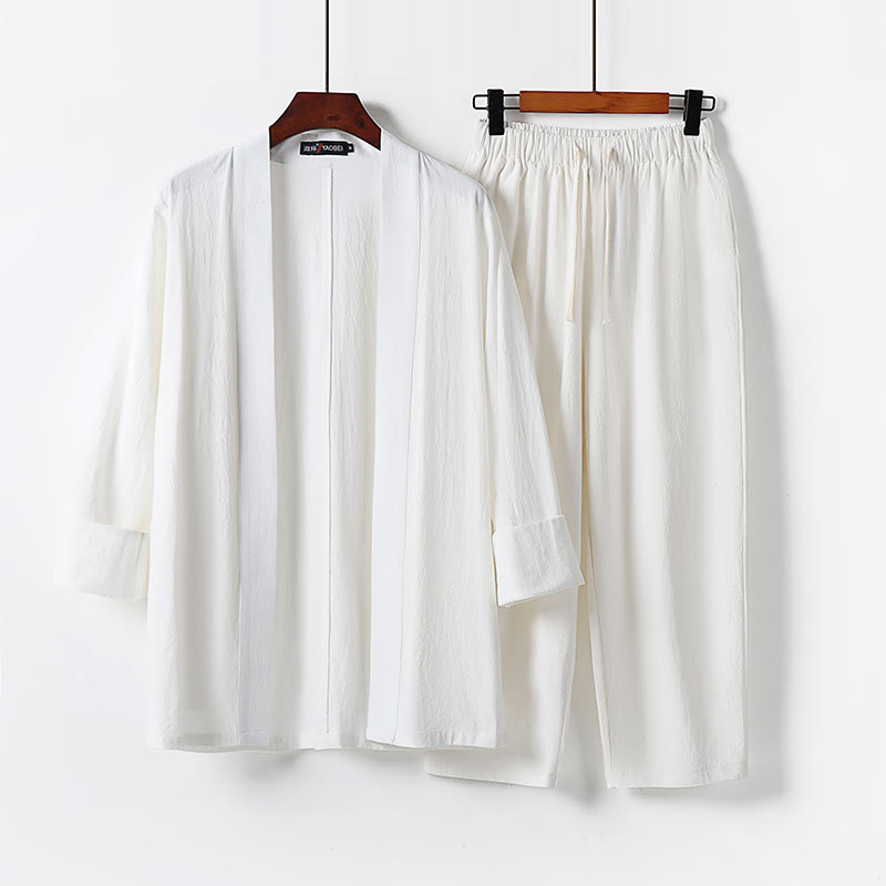 Ensemble kimono en coton 2 pièces avec pantalon longueur cheville et Buddha Stones pour homme, tenue de méditation - Blanc - US/UK/AU54，EU64 (9XL) - image 3