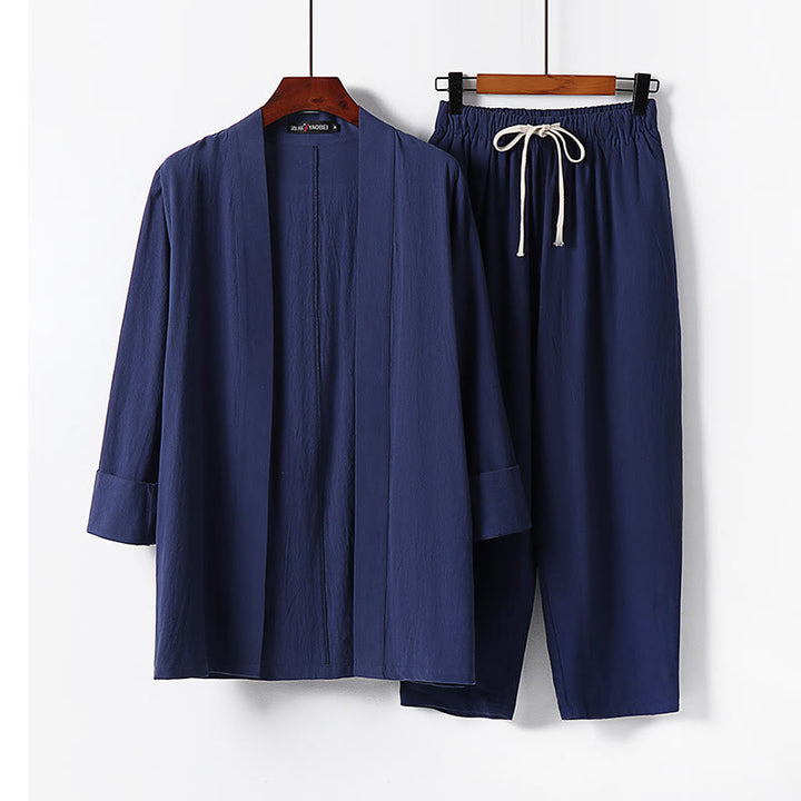Ensemble kimono en coton 2 pièces avec pantalon longueur cheville et Buddha Stones pour homme, tenue de méditation - Bleu acier - US/UK/AU54，EU64 (9XL) - image 14