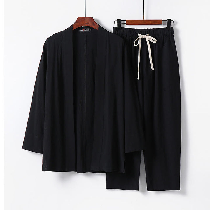 Ensemble kimono en coton 2 pièces avec pantalon longueur cheville et Buddha Stones pour homme, tenue de méditation - Noir - US/UK/AU54，EU64 (9XL) - image 7