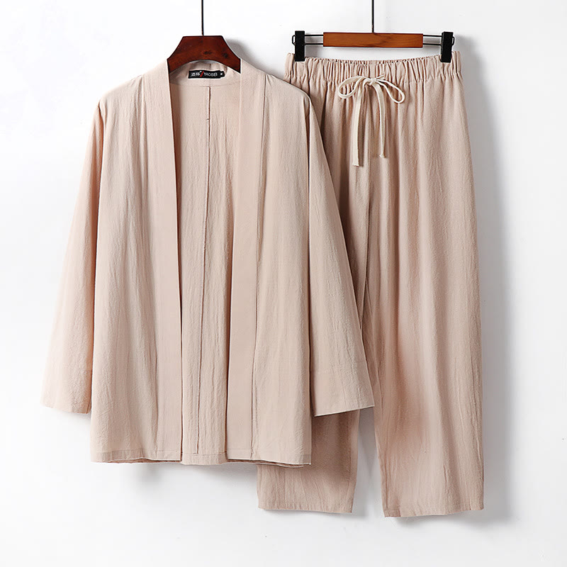 Ensemble kimono en coton 2 pièces avec pantalon longueur cheville et Buddha Stones pour homme, tenue de méditation - Blé - US/UK/AU54，EU64 (9XL) - image 9