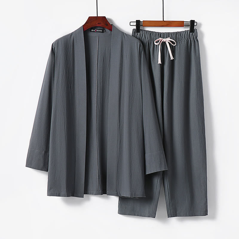 Ensemble kimono en coton 2 pièces avec pantalon longueur cheville et Buddha Stones pour homme, tenue de méditation - Gris - US/UK/AU54，EU64 (9XL) - image 0