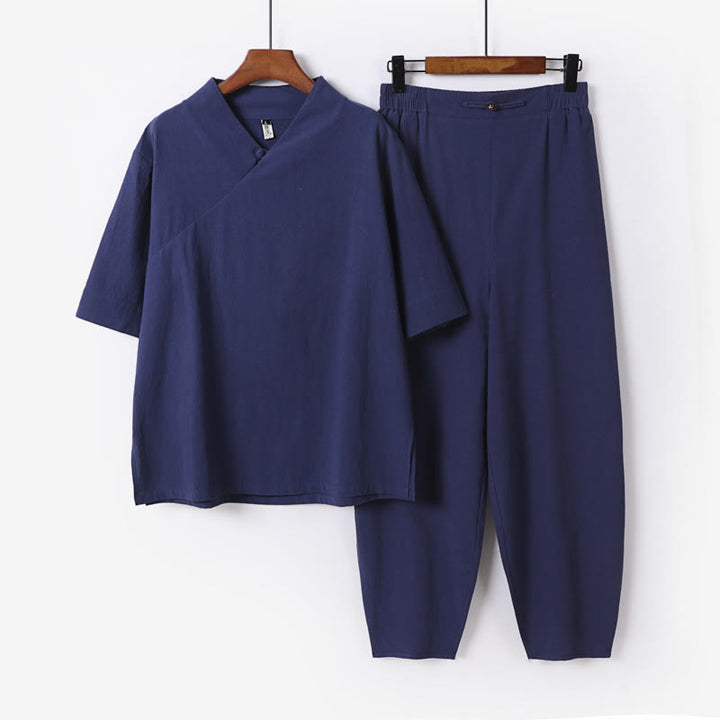 Ensemble 2 pièces chemise et pantalon en coton à col en V et manches courtes avec poches pour homme, motif Buddha Stones - Bleu acier - États-Unis/Royaume-Uni/Australie 56, UE 66 (9XL) - image 1