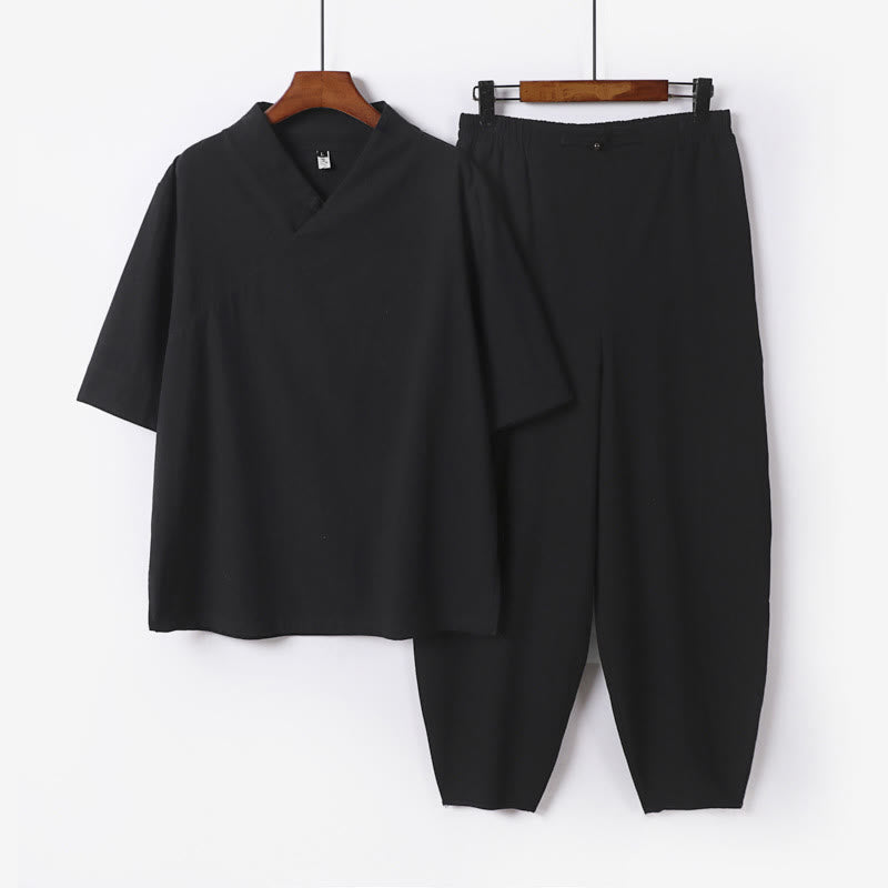Ensemble 2 pièces chemise et pantalon en coton à col en V et manches courtes avec poches pour homme, motif Buddha Stones - Noir - US/UK/AU56，EU66(9XL) - image 16