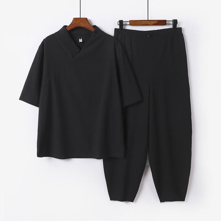 Ensemble 2 pièces chemise et pantalon en coton à col en V et manches courtes avec poches pour homme, motif Buddha Stones - Noir - US/UK/AU56，EU66(9XL) - image 16