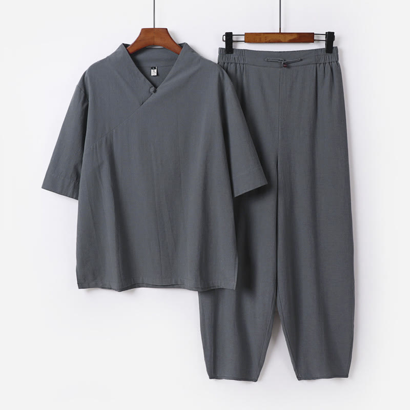 Ensemble 2 pièces chemise et pantalon en coton à col en V et manches courtes avec poches pour homme, motif Buddha Stones - Gris - US/UK/AU56，EU66(9XL) - image 7