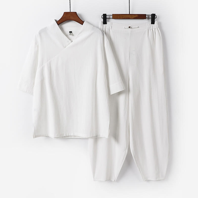 Ensemble 2 pièces chemise et pantalon en coton à col en V et manches courtes avec poches pour homme, motif Buddha Stones - Blanc - US/UK/AU56，EU66(9XL) - image 4