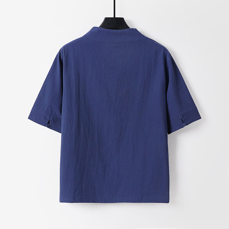 Ensemble 2 pièces chemise et pantalon en coton à col en V et manches courtes avec poches pour homme, motif Buddha Stones - image 3