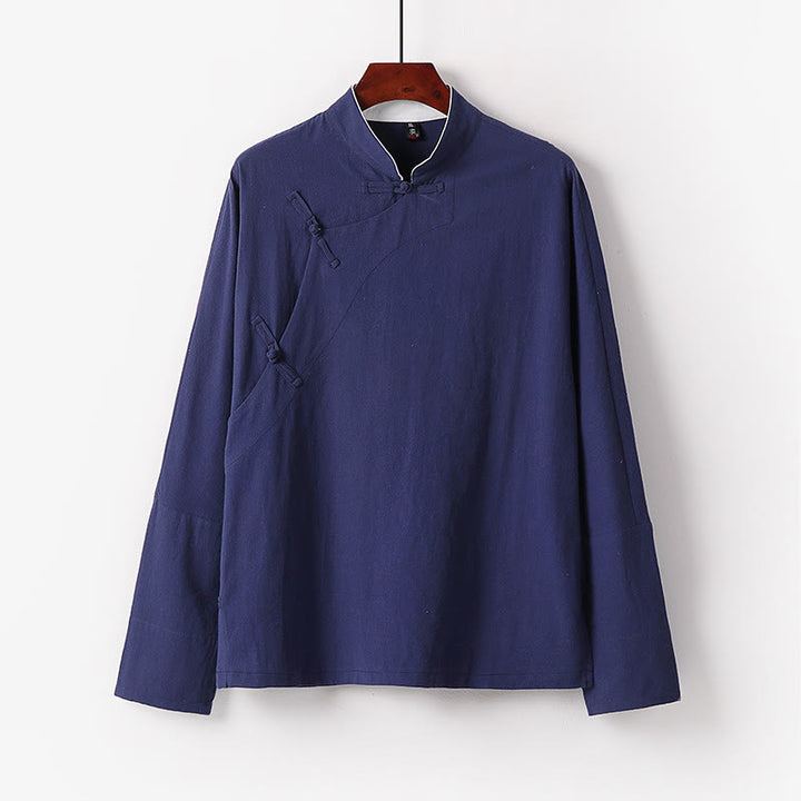 Chemise homme vintage en coton à manches longues et boutons grenouille, motif Buddha Stones - Bleu acier - US/UK/AU50，EU60 (7XL) - image 1