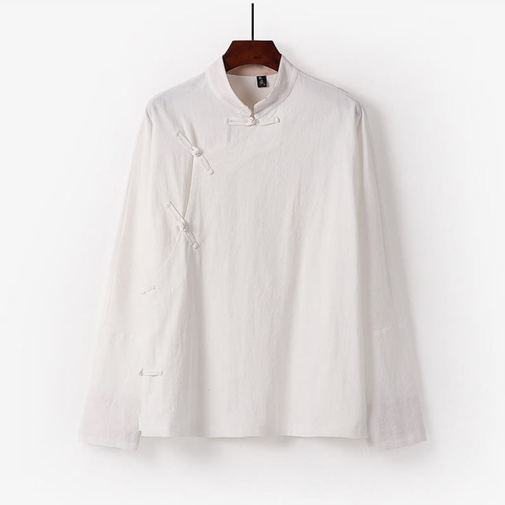 Chemise homme vintage en coton à manches longues et boutons grenouille, motif Buddha Stones - Blanc - US/UK/AU50，EU60 (7XL) - image 1