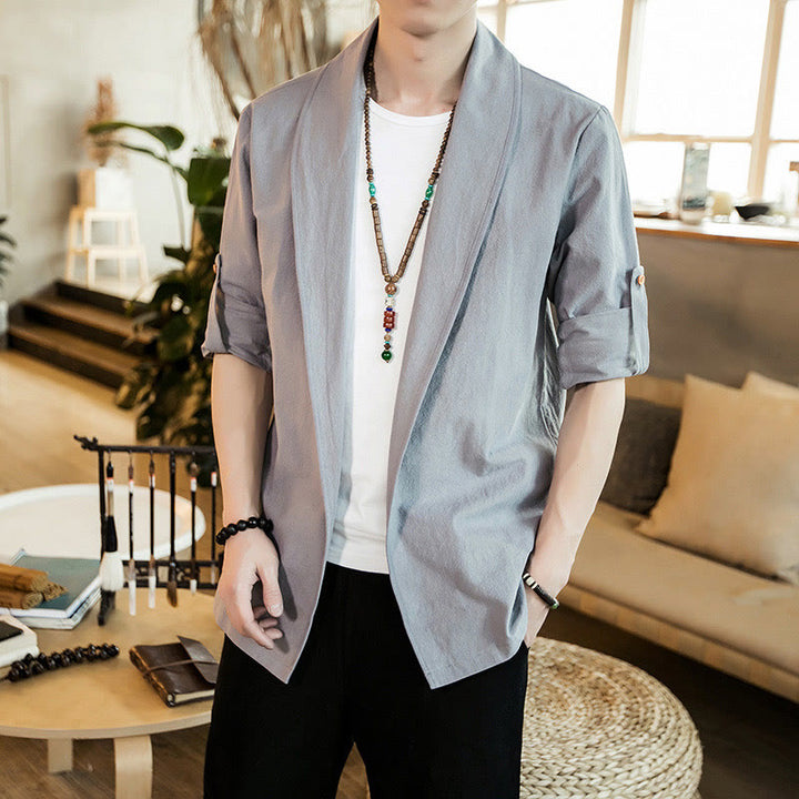 Veste kimono vintage en coton pour homme avec revers uni et ouverture sur le devant, motif Buddha Stones - Gris clair - US/UK/AU46，EU56 (5XL) - image 8