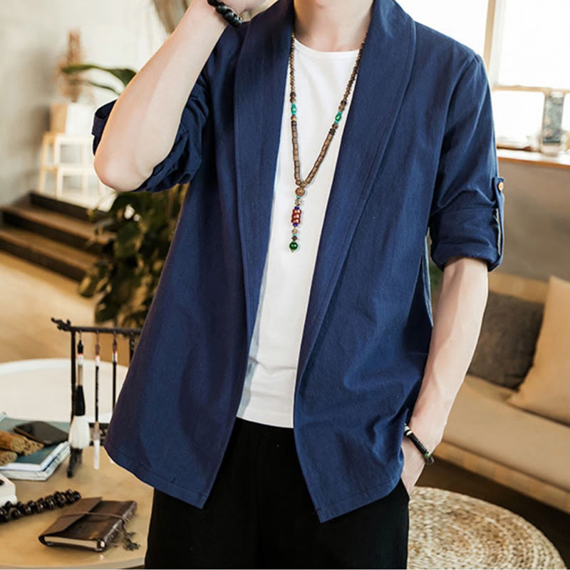 Veste kimono vintage en coton pour homme avec revers uni et ouverture sur le devant, motif Buddha Stones - Bleu acier - US/UK/AU46，EU56 (5XL) - image 1
