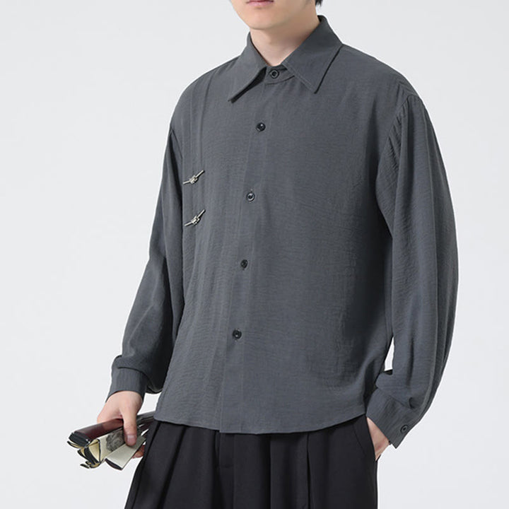 Chemise homme en coton à manches longues et col montant avec boutons unis et Buddha Stones - image 7