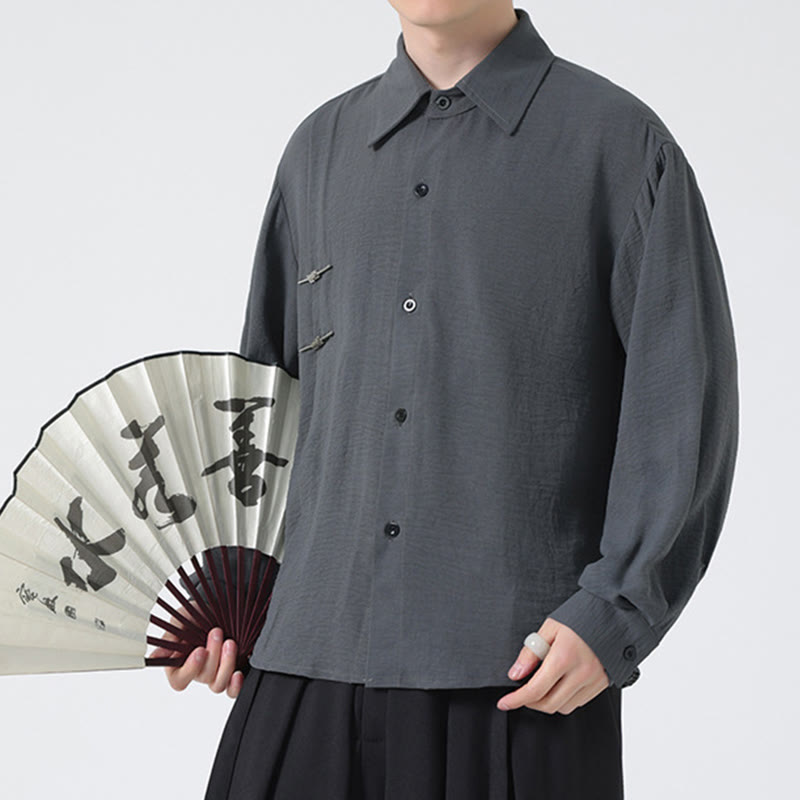 Chemise homme en coton à manches longues et col montant avec boutons unis et Buddha Stones - Gris - US/UK/AU46，EU56 (5XL) - image 1