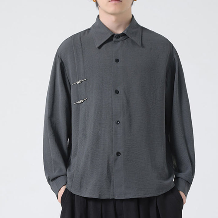 Chemise homme en coton à manches longues et col montant avec boutons unis et Buddha Stones - image 6