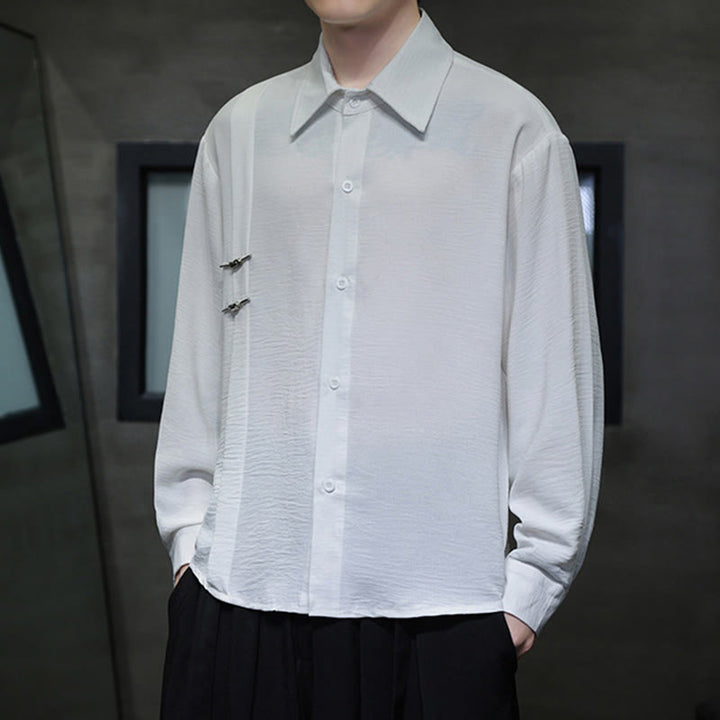 Chemise homme en coton à manches longues et col montant avec boutons unis et Buddha Stones - image 14