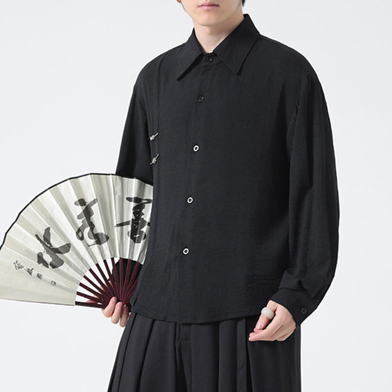 Chemise homme en coton à manches longues et col montant avec boutons unis et Buddha Stones - image 25