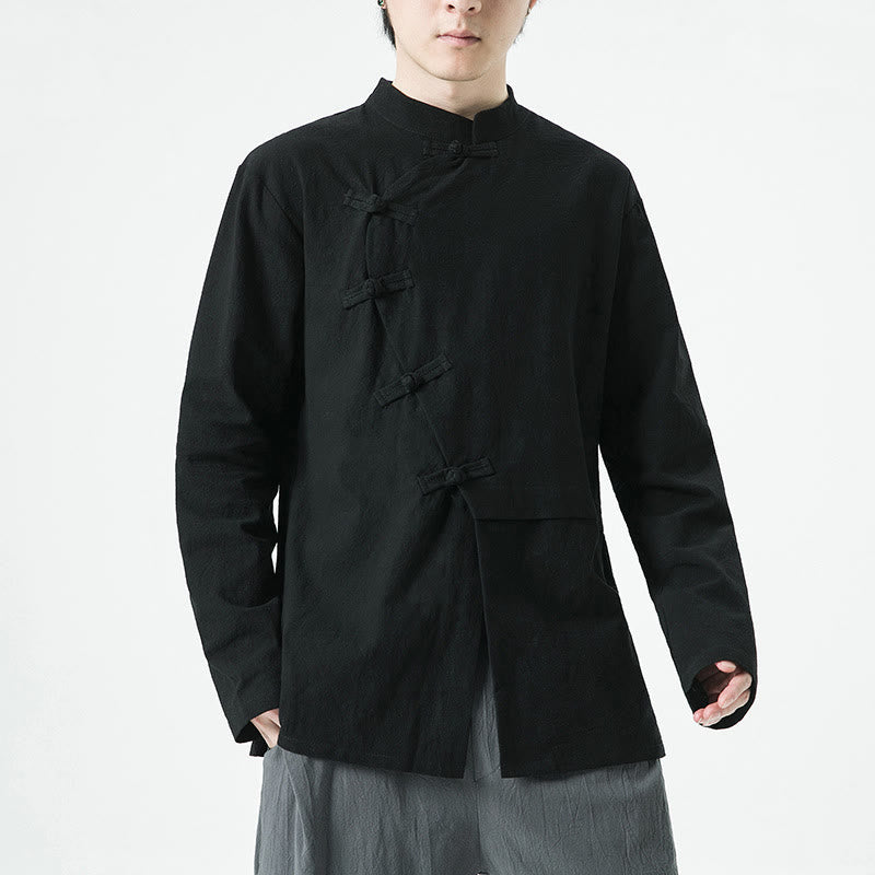 Chemise homme à manches longues en coton avec boutons grenouille chinois vintage et Buddha Stones - Noir - US/UK/AU46，EU56 (5XL) - image 11