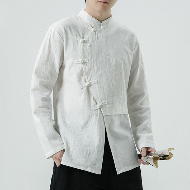 Chemise homme à manches longues en coton avec boutons grenouille chinois vintage et Buddha Stones - Blanc - US/UK/AU46，EU56 (5XL) - image 0