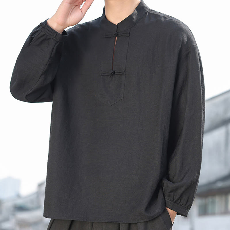 Chemise homme en coton à manches longues et col montant avec deux boutons grenouille et motif Buddha Stones - Noir - US/UK/AU48，EU58(5XL) - image 1
